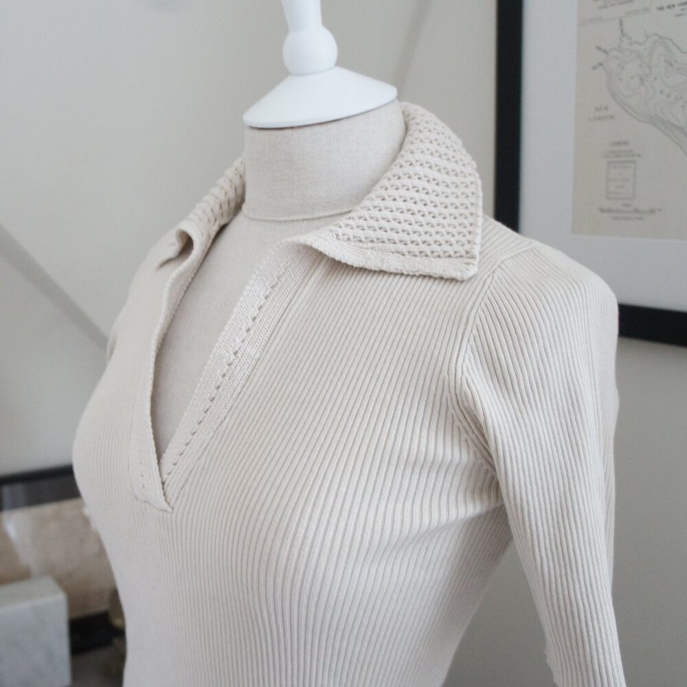 H by Halston Beige Ribbed V-Neck Collared Knit Polo Sweater Shirt Size Small